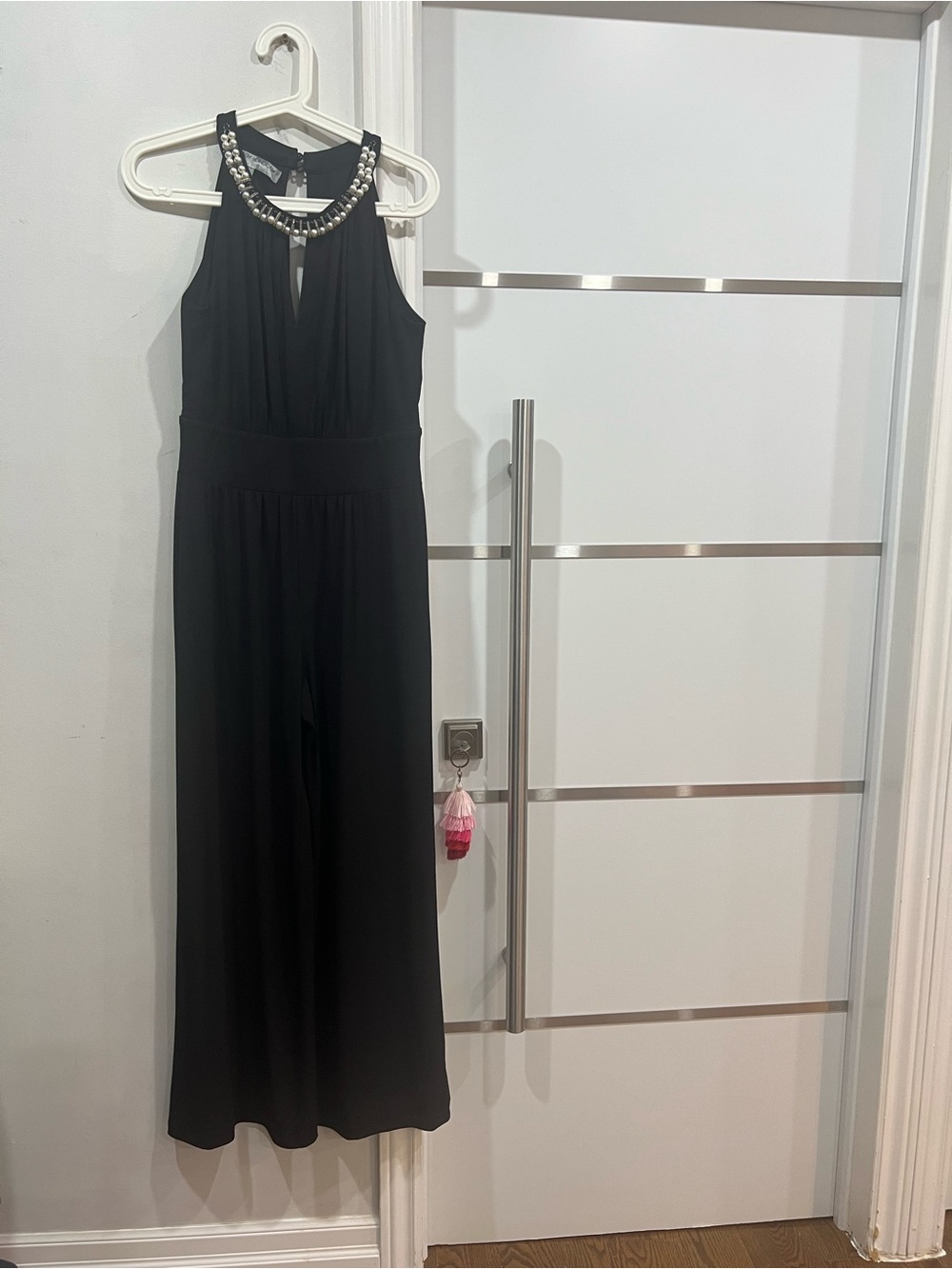 Maggy London Black Halter Jumpsuit with Beaded Neckline